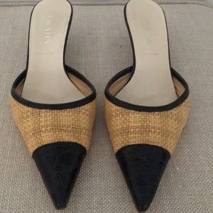 Prada Black Leather & Raffia Slides 35.5 EUC